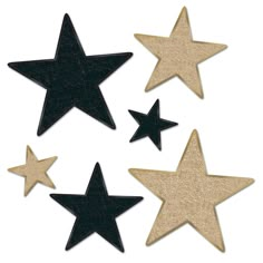 five black and gold stars are arranged in the shape of four different shapes, one is shaped