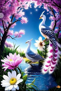 two peacocks are sitting on the edge of a pond with flowers in front of them