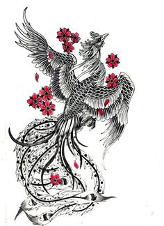 a black and white drawing of a bird with red flowers