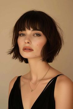 42%20Flattering%20Short%20Hairstyles%20for%20Long%20Faces%20in%202024 Short Hair Fringe Round Face, Short Bob With Bangs For Fine Hair Round Faces, French Bob With Micro Bangs, Ear Length Bob With Bangs, Parisian Bob With Bangs, Dark Bob With Bangs, Short Bob Cut With Bangs, Bangs And Short Hair, Short Hair With Micro Bangs