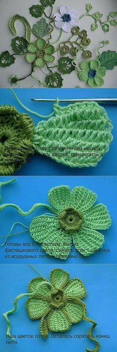 crocheted flowers and leaves are shown in three different rows, one is green