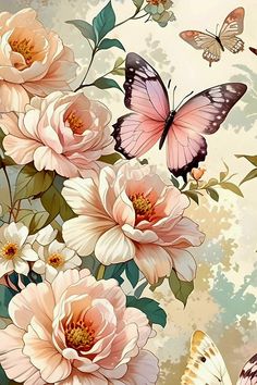 flowers and butterflies on a beige background