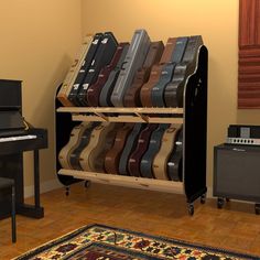 there are many guitars on the shelf in this living room with a piano and an amp