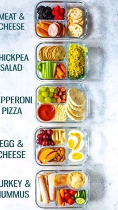 three plastic containers filled with different types of food on top of a white countertop