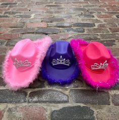 THIS IS A CHILDREN'S HAT! ADULT HATS AVAILABLE IN SHOP> Fits most children Ages 3-10 years old, Looking for an adorable gift for your little cowgirl? This Adorable cowgirl hat is any princesses dream. Perfect for birthdays, dressing up, or heading to the rodeo! We attached a sparkly feathered boa around the brim to add some sassy flair. The princess tiara is perfect for any little girl! One size fits most children. Size: fits most kids from 3+ year old to pre-teen. The circumference (inside) Adjustable Themed Costume Accessories For Birthday, Fun Halloween Party Hat, Fun Halloween Party Hat Supplies, Fun Party Costume Hat With Curved Brim, Fun Wide Brim Party Costume Hats And Headpieces, Fun Costume Hats With Curved Brim For Parties, Fun Wide Brim Costume Hats And Headpieces For Party, Novelty Costume Hats For Carnival, Wide Brim Hat For Carnival Costume Party