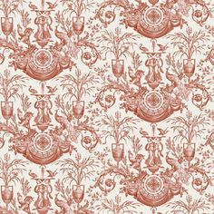 a red and white wallpaper with flowers, vases and other things on it