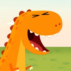 an orange dinosaur with it's mouth open and its teeth wide open, standing in the grass