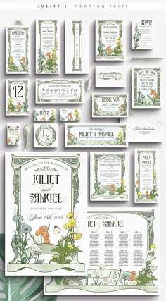 wedding stationery set with flowers and plants on the front, green leaves in the back