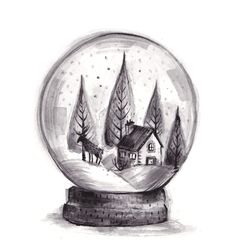 a drawing of a snow globe with houses in it and trees inside the glass ball