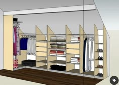 an open closet with clothes and shoes on shelves