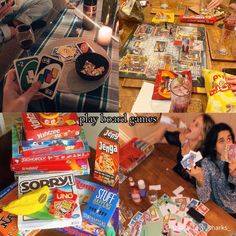 several pictures of people playing board games at a table with snacks and drinks on it