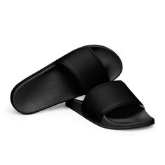 CLASSIC BLACK SLIDES. Sizes are US women's. Please choose correctly. The size conversion chart is between the photos. A must-have for the summer: these black women's slides. A pair of these will keep you comfy throughout your day of beach or pool activities, thanks to the cushioned upper strap and the textured footbed.  Designed by Glorianna Center, Nataša Mulec s.p.. Made and sent by Printful. * Cushioned and durable faux leather upper strap * Lightweight polyurethane (PU) outsole * Contoured, Black Pool, Summery Outfits, Open Toed Shoes, Pool Activities, Pool Shoes, Men Slides, Women Slides, Black Slides, Beach Slides