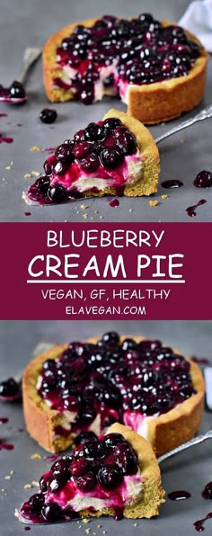 blueberry cream pie is shown on a baking sheet