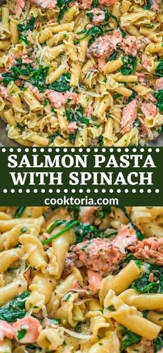 salmon pasta with spinach and cheese in a pan