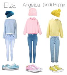 three different colored outfits with hats and shoes on the bottom one is blue, pink, yellow, and white