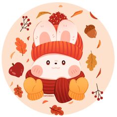 an animal wearing a knitted hat and mittens surrounded by autumn leaves, acorns and berries