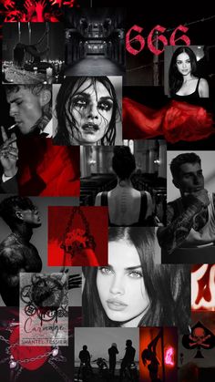 a collage of photos with the words 666 written on them in red and black