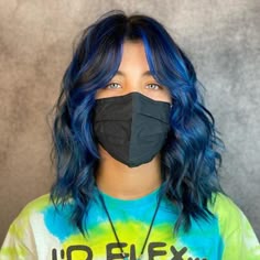 Blue Hair Grown Out Roots, Blue Balayage Hair Short, Blue Hair Color Shorthair, Electric Blue Money Piece Hair, Blue Hair Two Tone, Blue Color Melt Hair, Short Hair Blue Color, Short Blue Hair Bob, Blue Hair Color Ideas For Brunettes