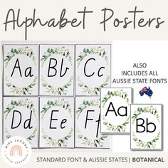 the alphabet poster set includes all letters and numbers, including an uppercase letter with leaves