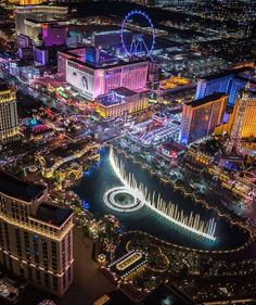 an aerial view of the las vegas strip at night, with lights and buildings in the background