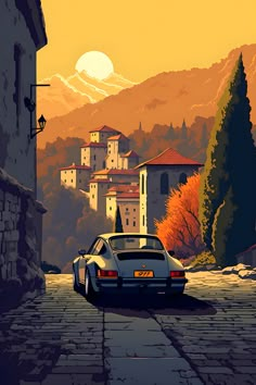 a car parked on the side of a road in front of a mountain range with houses