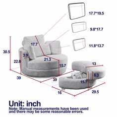 an image of a chair and ottoman with measurements for each seat in the same room