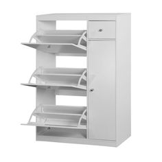 a white cabinet with shelves and drawers