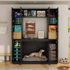 a dog laying on top of a bed under a book shelf