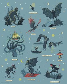 an illustrated poster with different types of monsters