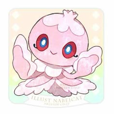 a cartoon character with blue eyes and pink wings