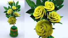 two images of yellow roses in a green vase