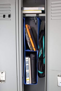 the lockers are filled with school supplies and books to be used as an organizer