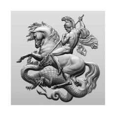 a black and white drawing of two men riding horses with a dragon on the back