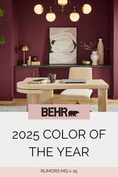 a dining room with red walls and white chairs in the center is an advertisement for behr's color of the year