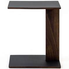 a wooden table with a black base on the top and one leg in the shape of a rectangle