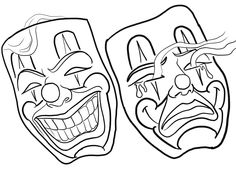 two masks with faces drawn in black and white