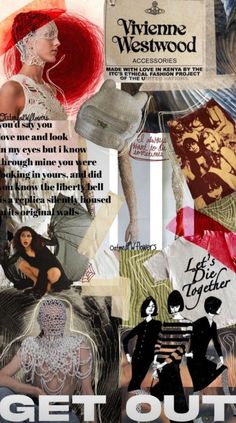 the collage is made up of images and words, including an image of a woman in