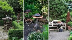 the garden is full of different types of plants and furniture, including chairs and tables