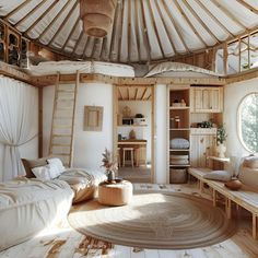 Discover the charm of a Scandinavian yurt with this stylish interior featuring a lofted bed area accessed by a wooden ladder. The bright and airy space includes a beige sofa, woven rug, and built-in wooden benches. Light wood tones and white walls create a minimalist, natural decor. A large round window floods the room with natural light, enhancing the serene and inviting atmosphere. Perfect for relaxation and maximizing space with functional design. Wood And White Interior, Modern Yurt Interior, Small Yurt Interior, Yurt Loft, Luxury Yurt Design, Wooden Yurt Home, Connected Yurts, Yurt Interior, Yurt Home