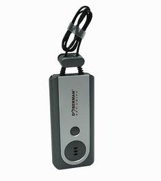 an electronic device with a cord attached to it's back end, on a white background