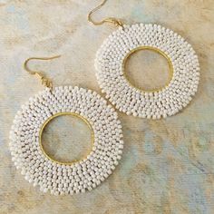 Handmade Boho Dangle Earrings Cream Hoops Large Statement Drops - Etsy Cream Beaded Dangle Earrings, Cream Beaded Dangle Jewelry, Adjustable White Pearl Hoop Earrings, Beaded Pearl White Drop Earrings, Cream Beaded Round Earrings, Adjustable White Pearl Earrings With Round Beads, White Beaded Pearl Earrings, White Bohemian Small Hoop Beaded Earrings, Adjustable Cream Beaded Earrings