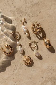 14k gold filled and freshwater pearls Jewelry Mood Board, Jewelry Product Shots, Jewelry Styling, Jewelry Photography Styling, Jewelry Photoshoot, Jewelry Aesthetic, Jewellery Marketing, Gold Filled Hoops, Hoop Design