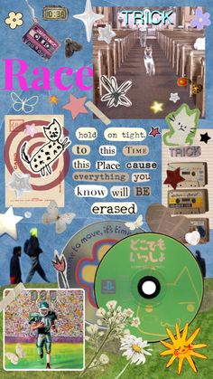 a collage with various pictures and words on it, including an image of a man running