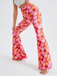 Allover Floral Print Flare Leg Trousers Multicolor Casual   Fabric Floral,All Over Print Flare Leg Slight Stretch Spring/Summer/Fall Women Clothing, size features are:Bust: ,Length: ,Sleeve Length: Flower Pants Outfit, Groovy Clothes, Flower Pants, Outfits 70s, 70s Outfits, Coachella Dress, Shein Icon, Business Formal Dress, Beach Dresses Summer