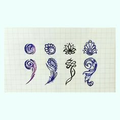 several different designs on a sheet of paper with blue and purple ink in the middle