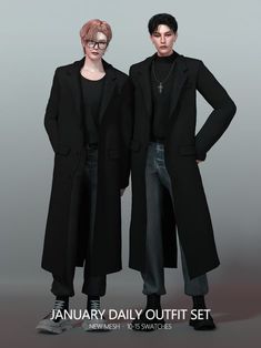 two people standing next to each other in front of a gray background with the words january daily outfit set