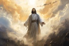 jesus standing in the clouds with his arms outstretched