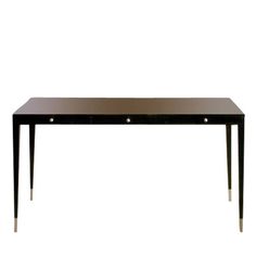 a black table with two drawers on top and one drawer at the bottom, against a white background