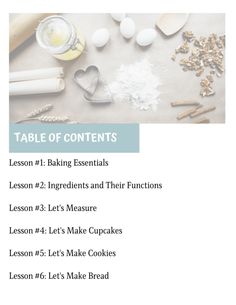 the table of contents for baking lessons