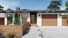 a rendering of a modern house with wood and white sidings on the front door